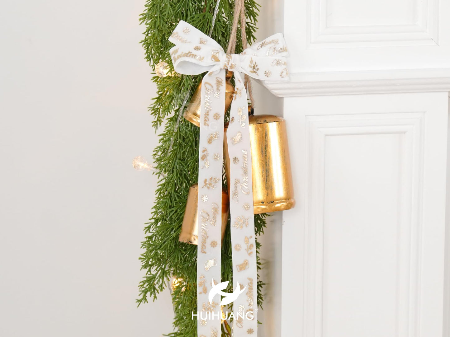 HUIHUANG 1 inch Christmas Velvet Ribbon White Velvet with Gold Printed Merry Christmas Ribbon for Gift Wrapping, Tree Ornaments, Wreaths, Garlands, DIY Crafts, Home Decor- Continuous 10 Yards