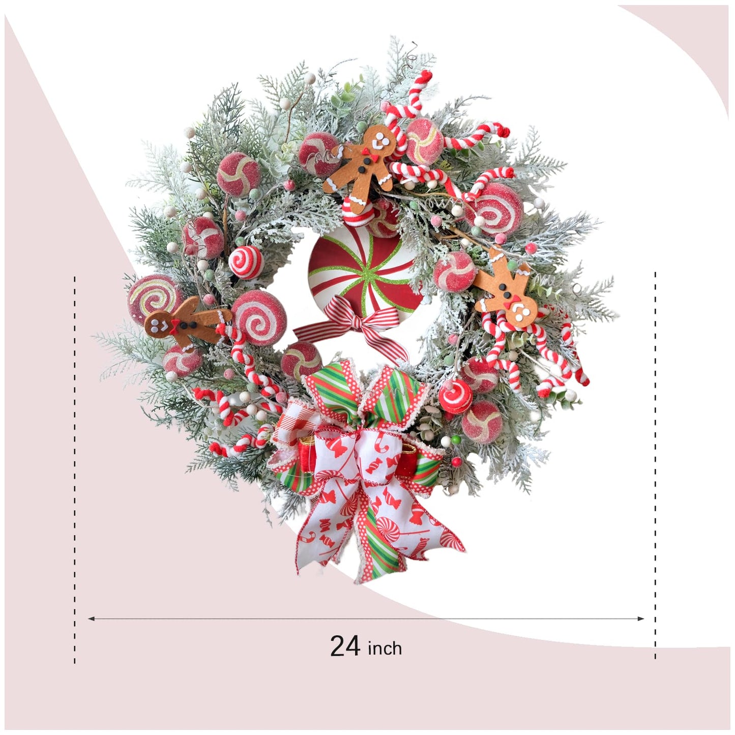 Egolot 24 Inch Winter Christmas Candy Cane Wreath for Front Door, Christmas Red White Xmas Indoor Outdoor Candy Gingerbread Wreath, Holiday Wreaths for Window Wall