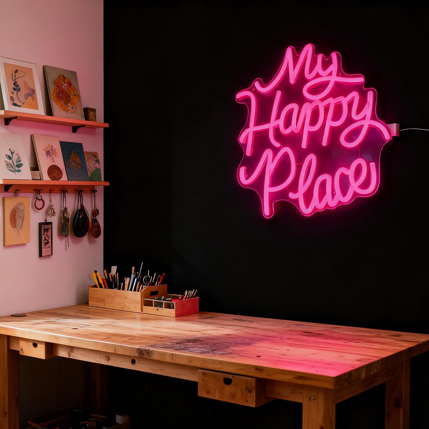 My Happy Place LED Neon Sign - USB Powered Dimmable Neon Light for Bedroom Living Room Home Dorm Decor Party Wall Table Art Decorations for Teen Girls Adults 11 x 9.8 In