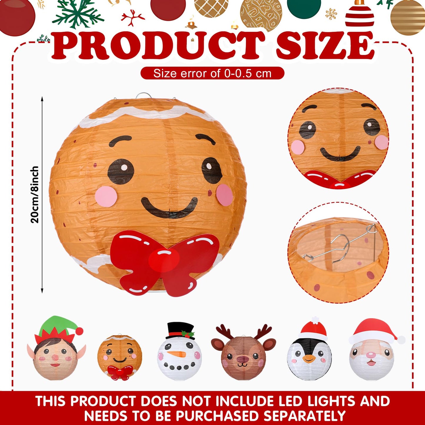 Baquler 12 Pcs Christmas Paper Lanterns 8 Inch Christmas Party Lanterns Gingerbread Man Elk Snowman Green Elf Winter Round Hanging Ornaments for Xmas Winter Holiday Decorations