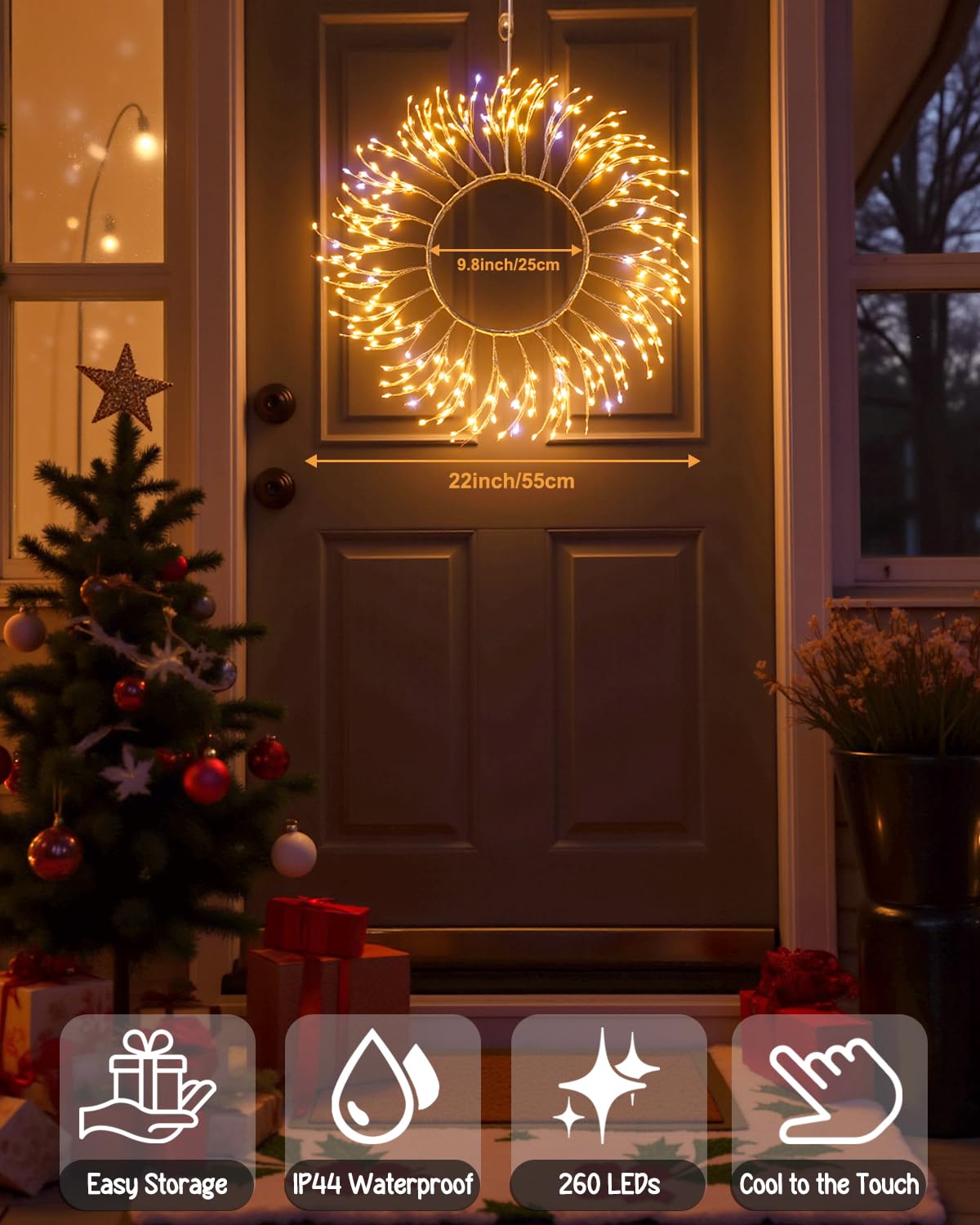 ooLALoo Pre-Lit Christmas Door Wreath Decorations, 22" Christmas Wreath with 260 LEDs Fairy Lights, USB Operated Window Lights Hanging for Front Door Wall Party Xmas Indoor Decor, Gold Twig