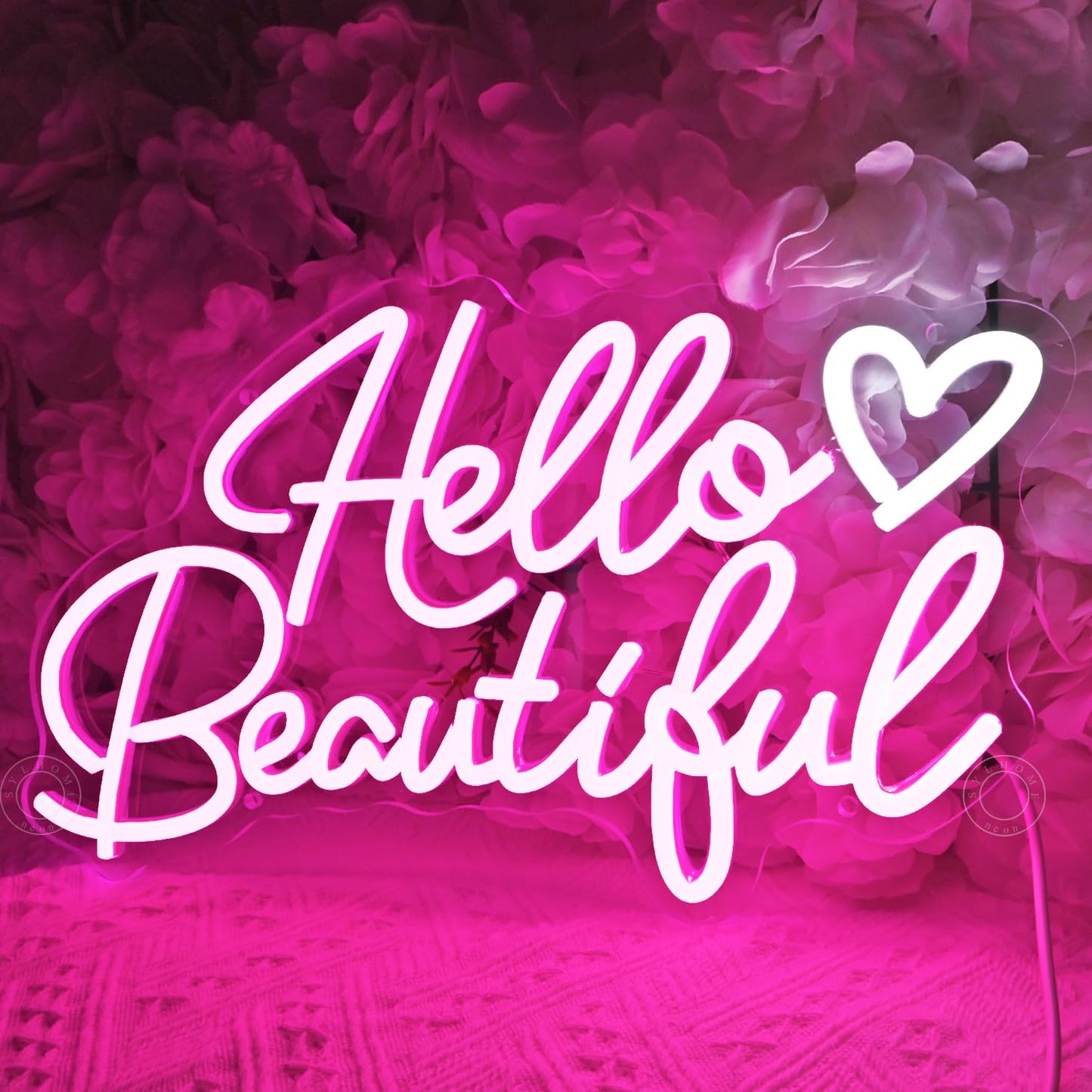 SYLHOME Hello Beautiful Led Neon Light Sign Pink Heart Hello Gorgeous Bedroom Wedding Birthday Party Decor USB Bacelorette Christmas Valentines Day Decoration 15.75"X8.7"