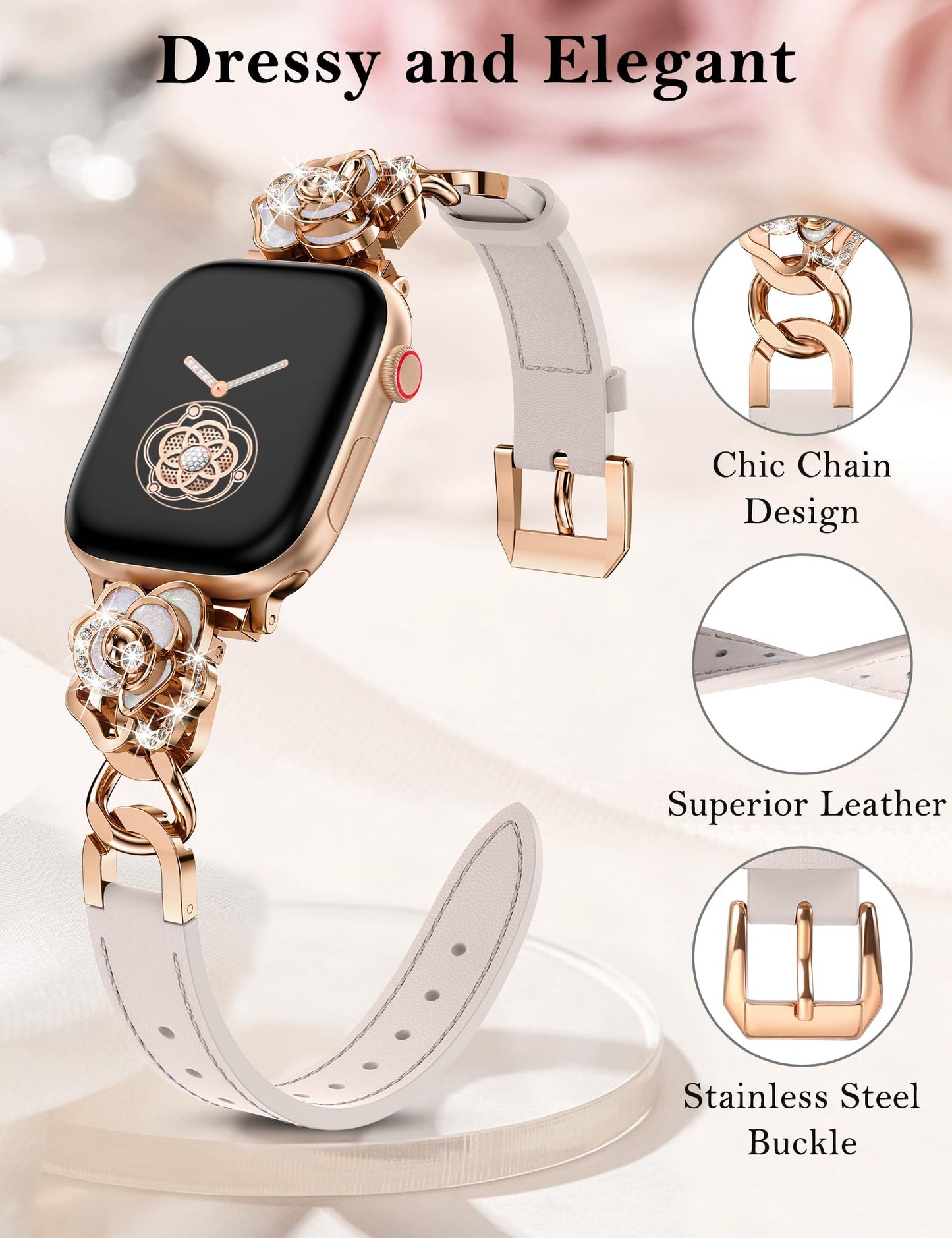 Minyee Compatible with Apple Watch Band 42/44/45/46/49mm Women, Dressy Elegant Leather Metal Chain Strap with Camellia Charms for iWatch Series 11 10 9 8 7 6 5 4 SE/Ultra 3 2 1, Starlight/Rose Gold