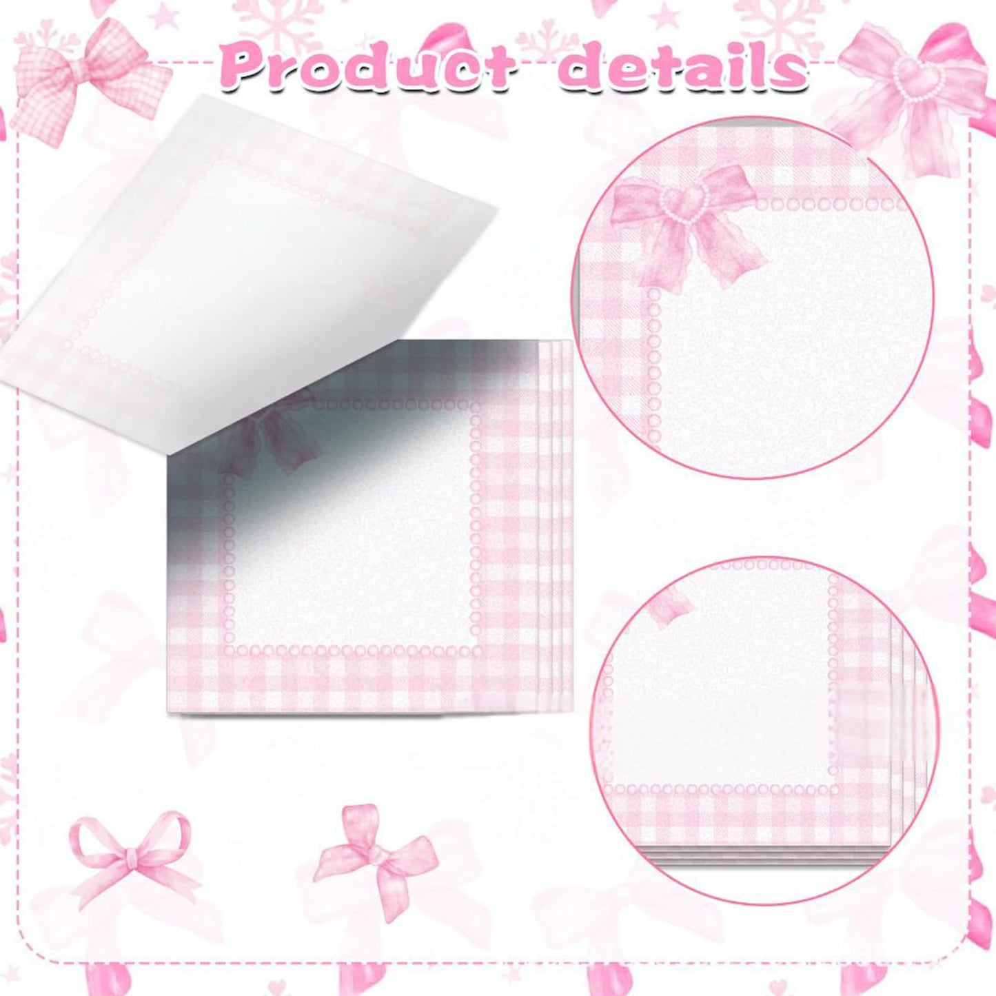 Cute Sticky Notes 3x3 Pink Bow Sticky Note Pads Aesthetic Coquette Bows Note Pad Self-Stick Ribbon Bowknot Stickey Notes Memo Pad Stationery Study School Essentials Desk Office Teacher Supplies