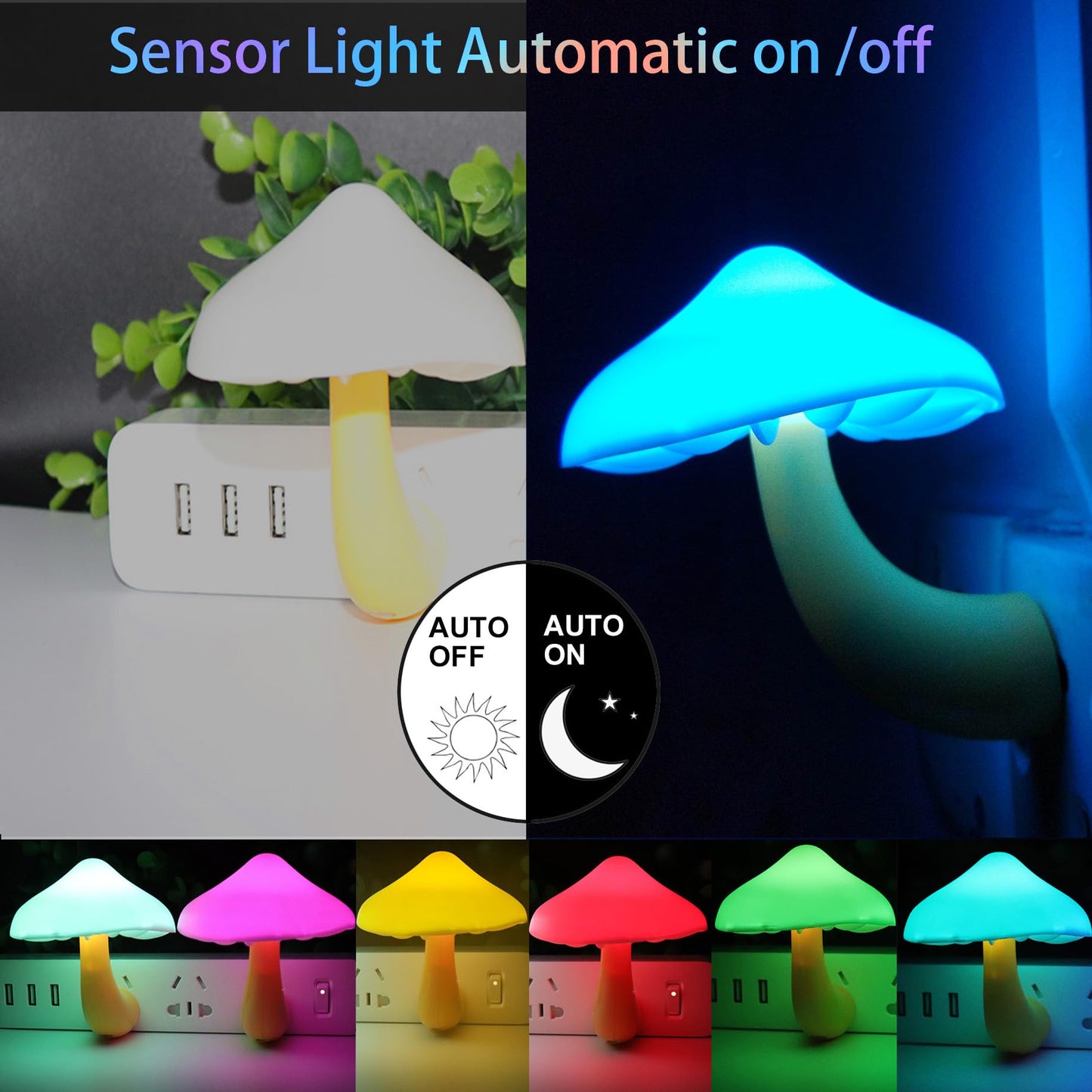 AUSAYE 4 Pack Mushroom Night Light Plug in Sensor Light, Color Changing Lamp LED Nightlights for Kids, Adults, Bedroom, Bathroom,Hallway, Stairs, Kitchen