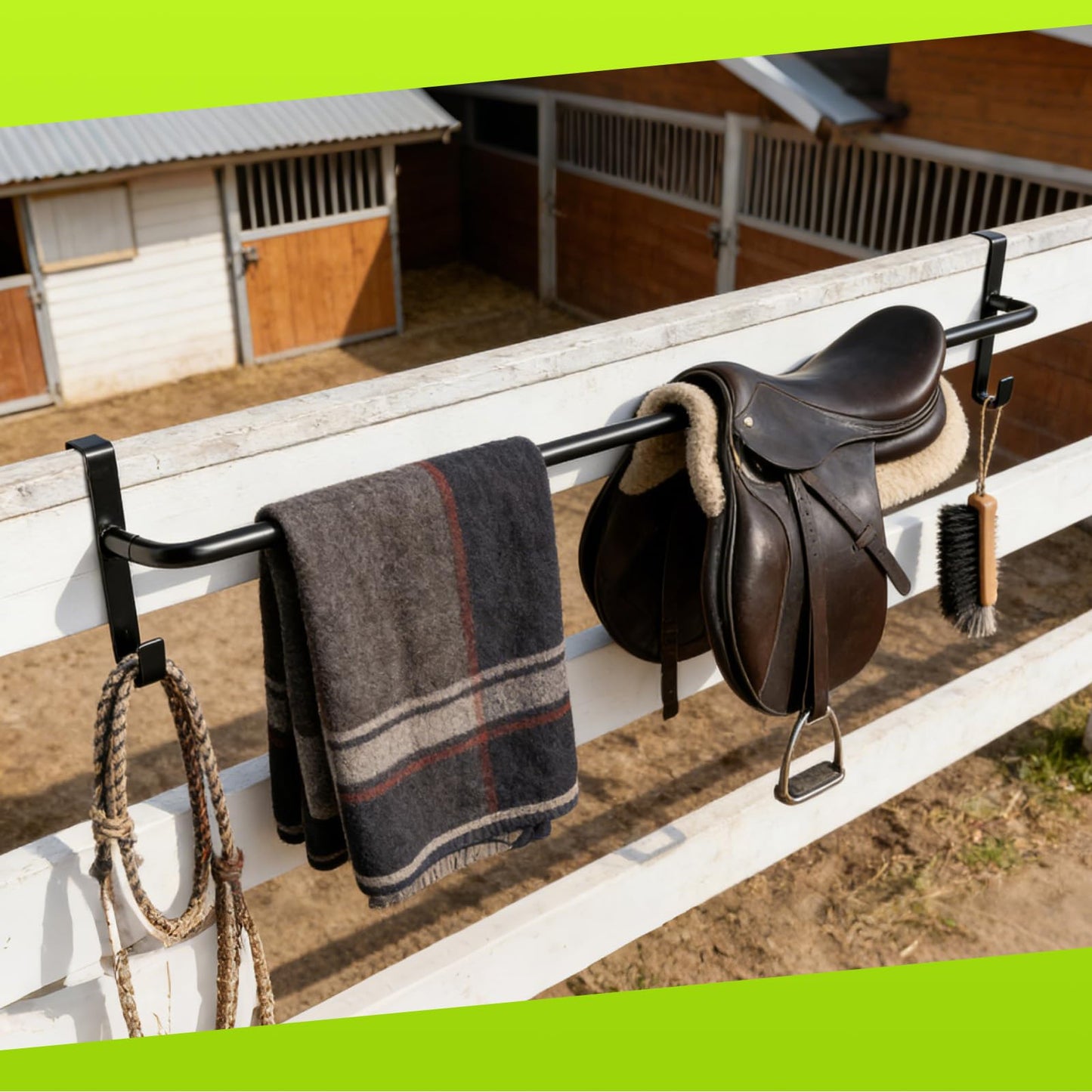 Zwinz 4Pcs Heavy Duty Horse Blanket Rack with Bridle Hooks, No-Drill Wall Mounted Assembled Blanket Bar, Saddle Pad Rack for Horse Tack Storage, Black