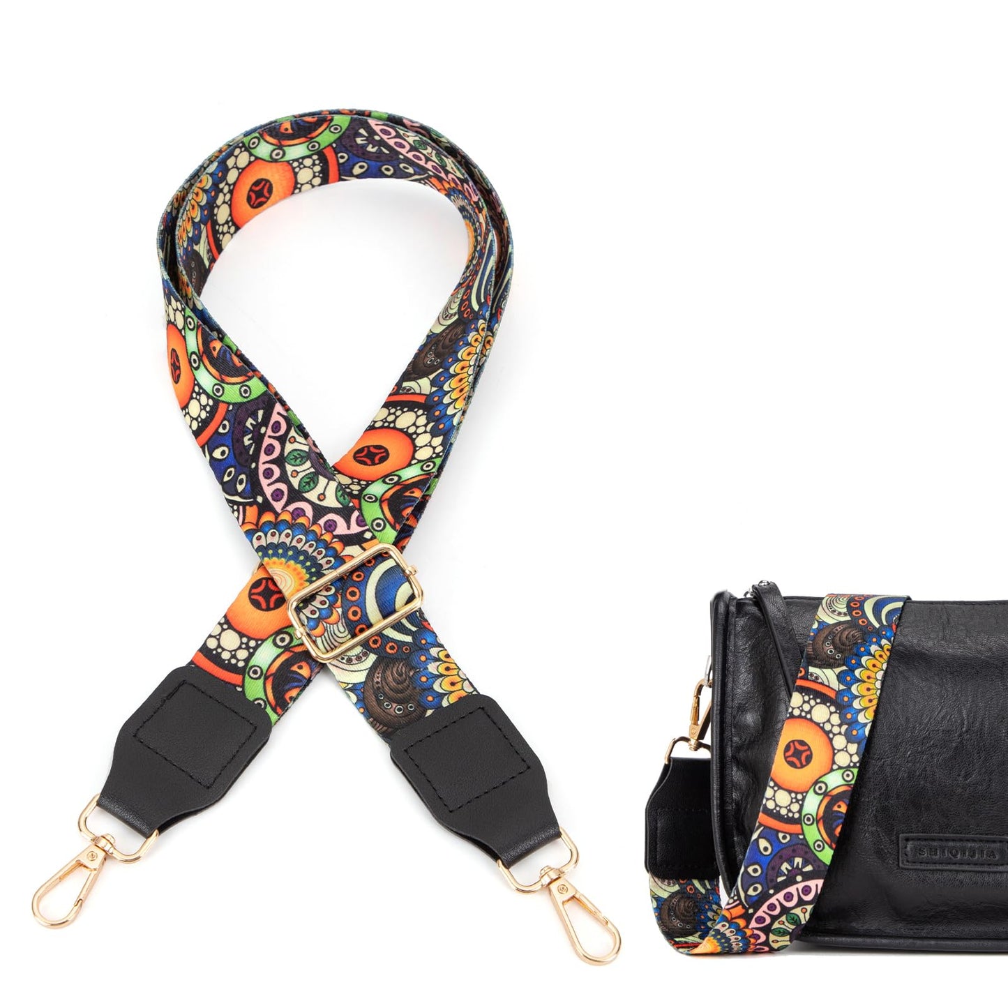 Aeiruo Purse Strap, 1.5" Cowhide Head Wide Shoulder Bag Strap Adjustable Replacement,Jacquard Embroidery Crossbody Bag Straps (Colorful Flower)