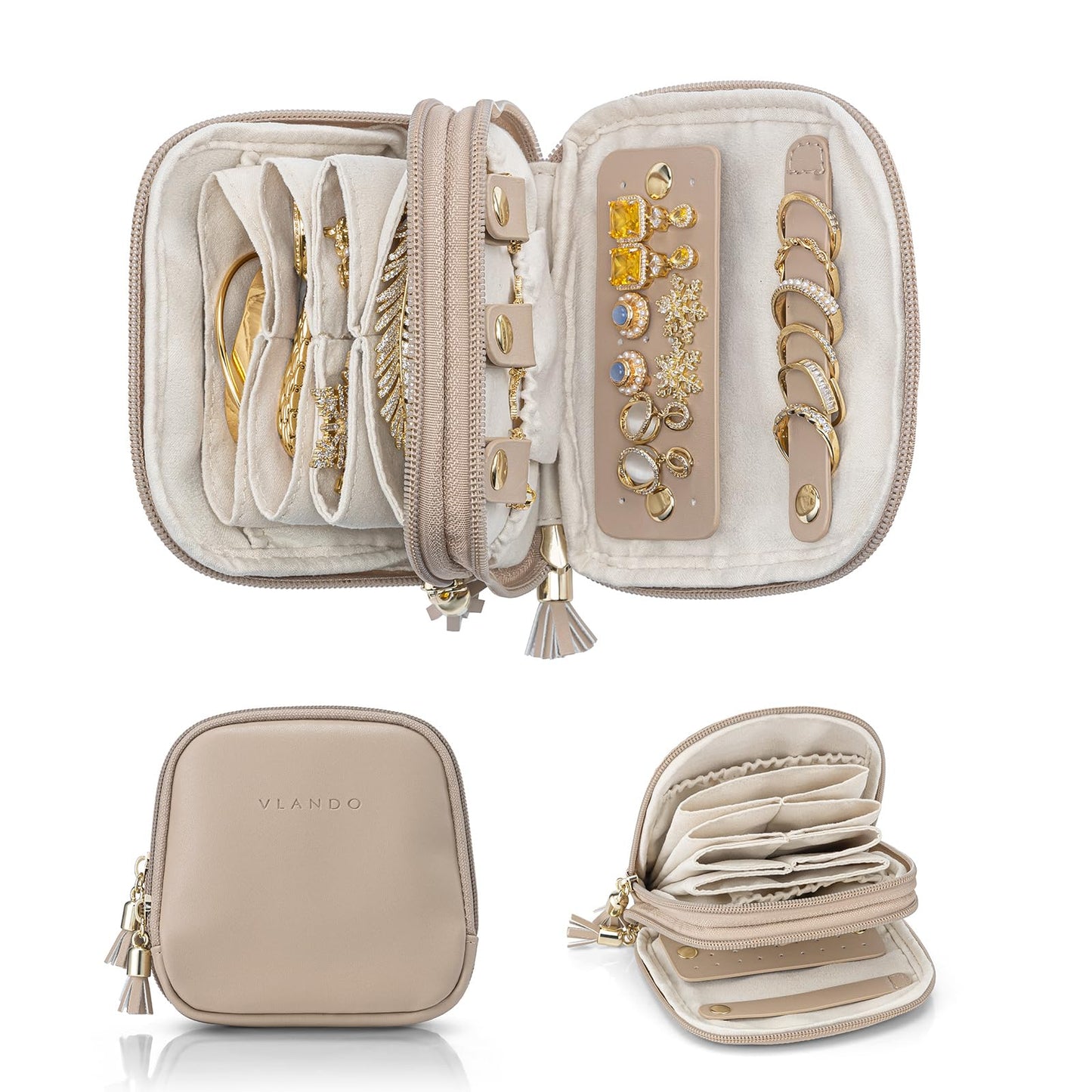 VLANDO Travel Jewelry Case,2-Layer Jewelry Organizer,Gifts for Women Bride,Travel Essentials,Multi-Compartment Jewelry Storage for Rings Earrings Necklaces Bracelets - Toffee