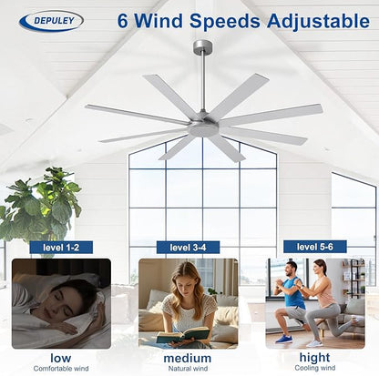 Depuley Large Ceiling Fan without Light: 66 Inch Indoor/Outdoor Fan Reversible DC Motor 6 Speed - Dual 8 Blades Big Ceiling Fans with No Light for Living Room Covered Patio, Silver