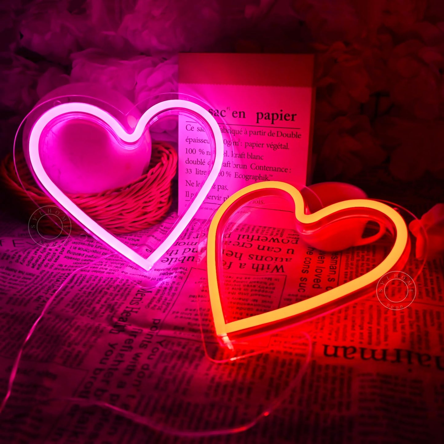 SYLHOME 2 Pack Heart Led Neon Light Sign Battery Operated or USB Powered Bedroom Wedding Wall Sign Decor Valentines Day Christmas Birthday Gifts USB 7.87" X 7.28" Pink & Red