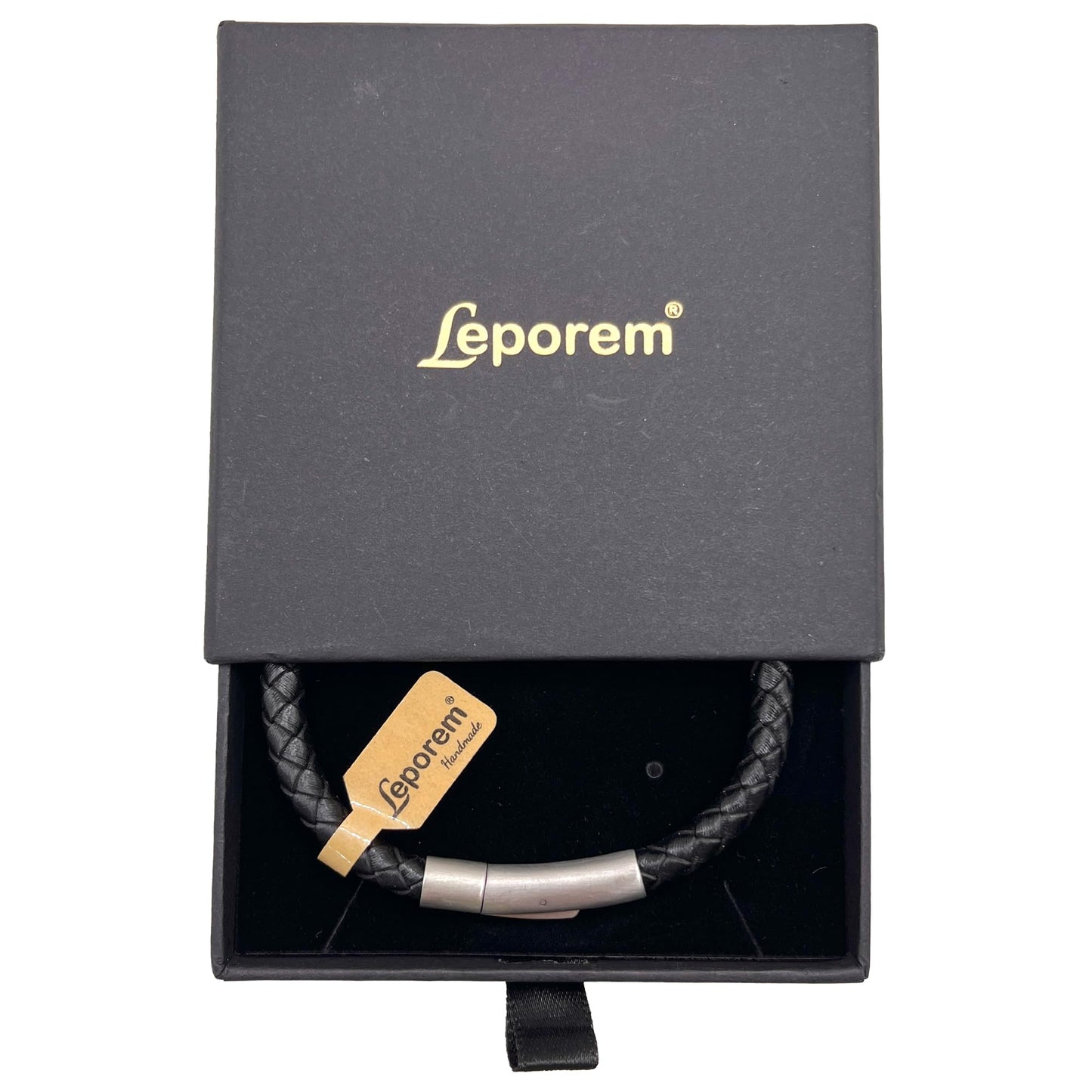 Leporem Black Braided Leather Bracelet Premium 18K Plated Surgical Steel Push Lock Clasp Hypoallergenic Urban Jewelry Gift Black Medium 7.5 Inch (Black, 7.5")