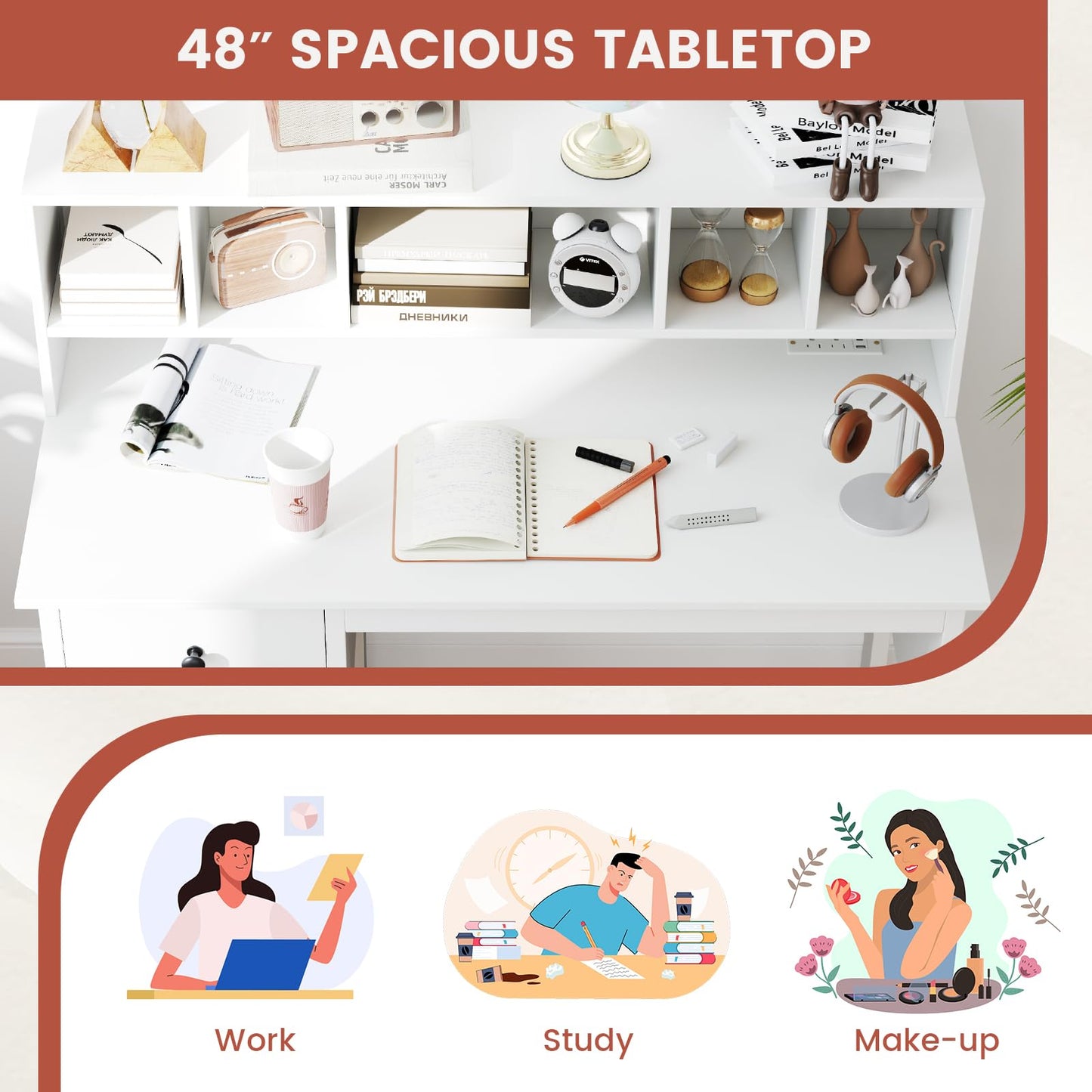 Tangkula White Desk with Drawers & Hutch, Modern Home Office Desk Writing Study Desk with Charging Station, Laptop Desk with 5 Storage Compartments, Computer Workstation Makeup Vanity Desk