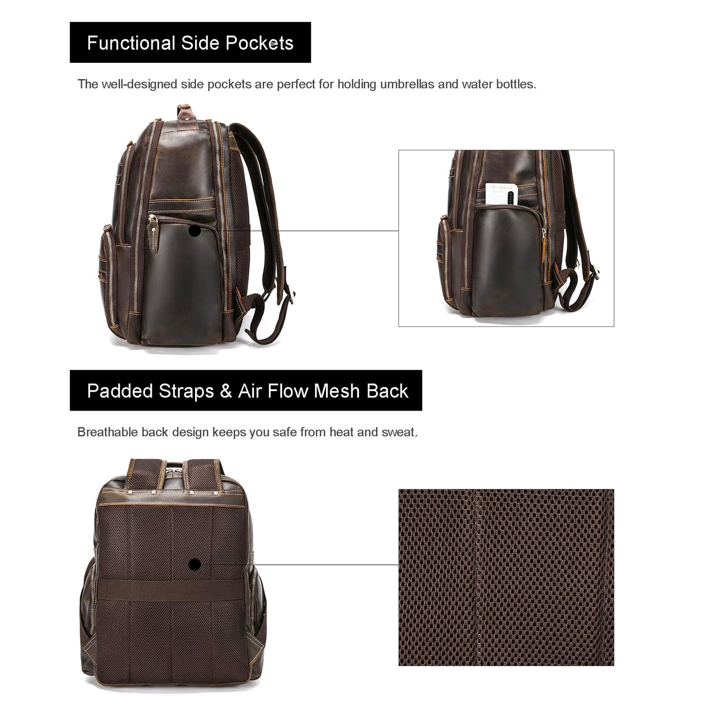LANNSYNE Vintage Mens Full Grain Leather Backpack Fits 17.3 Inch Laptop, Large Casual Rucksack Shoulder Bag For Travel/Camping/Hiking-Brown