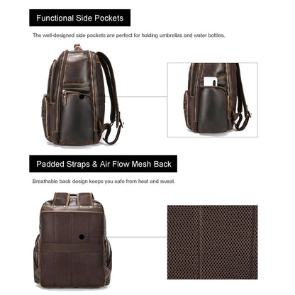 LANNSYNE Vintage Mens Full Grain Leather Backpack Fits 17.3 Inch Laptop, Large Casual Rucksack Shoulder Bag For Travel/Camping/Hiking-Brown