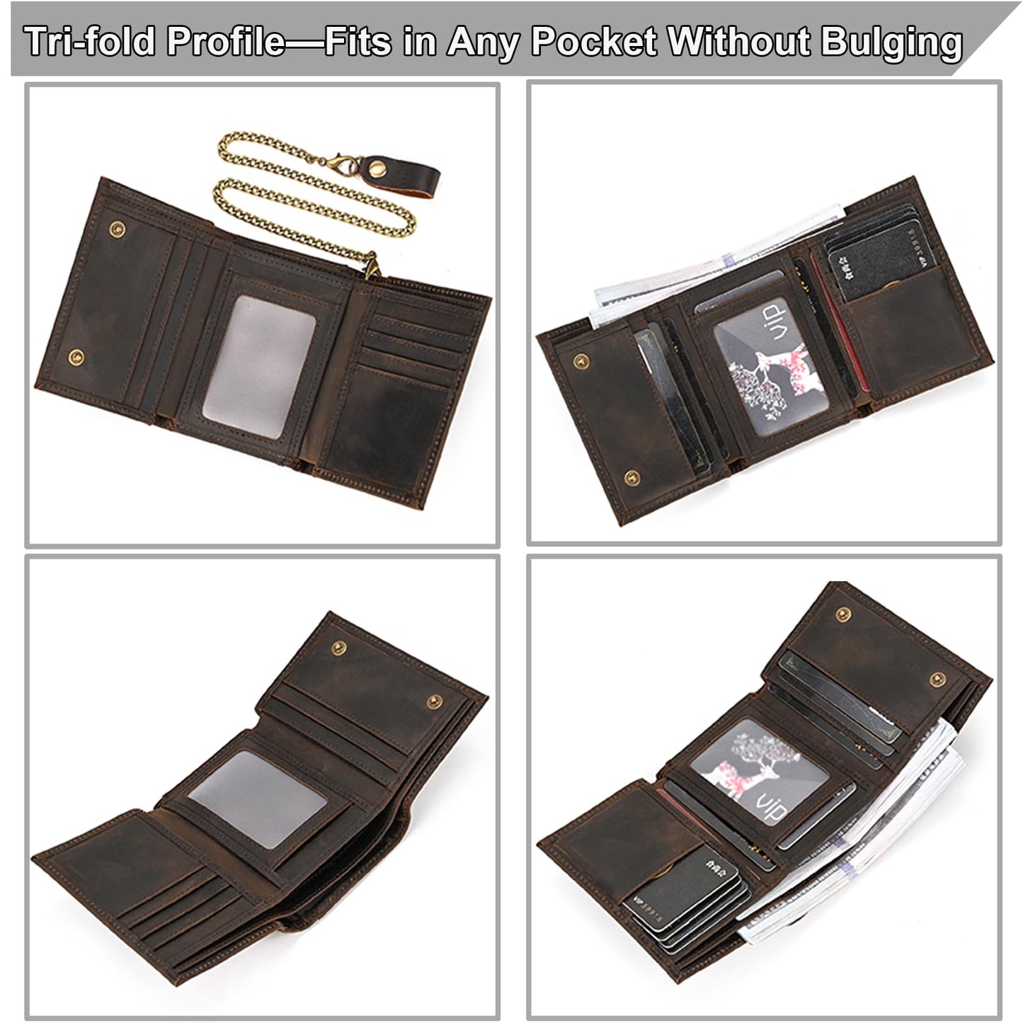 Yevabo Men's Full Grain Leather Trifold Wallet with Chain - Vintage Full Grain Leather Short Purse for Men with Multi-Card Slots, ID Window, Key Holder, Dark Brown