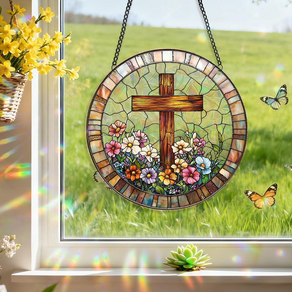 zhuoyaju Acrylic Suncatcher Window Hanging, Cross Sun Catcher Rainbow Indoor Window Decoration for Living Room Bedroom, Summer Home Balcony Ornaments Deco, 7.87 x 7.87 inches