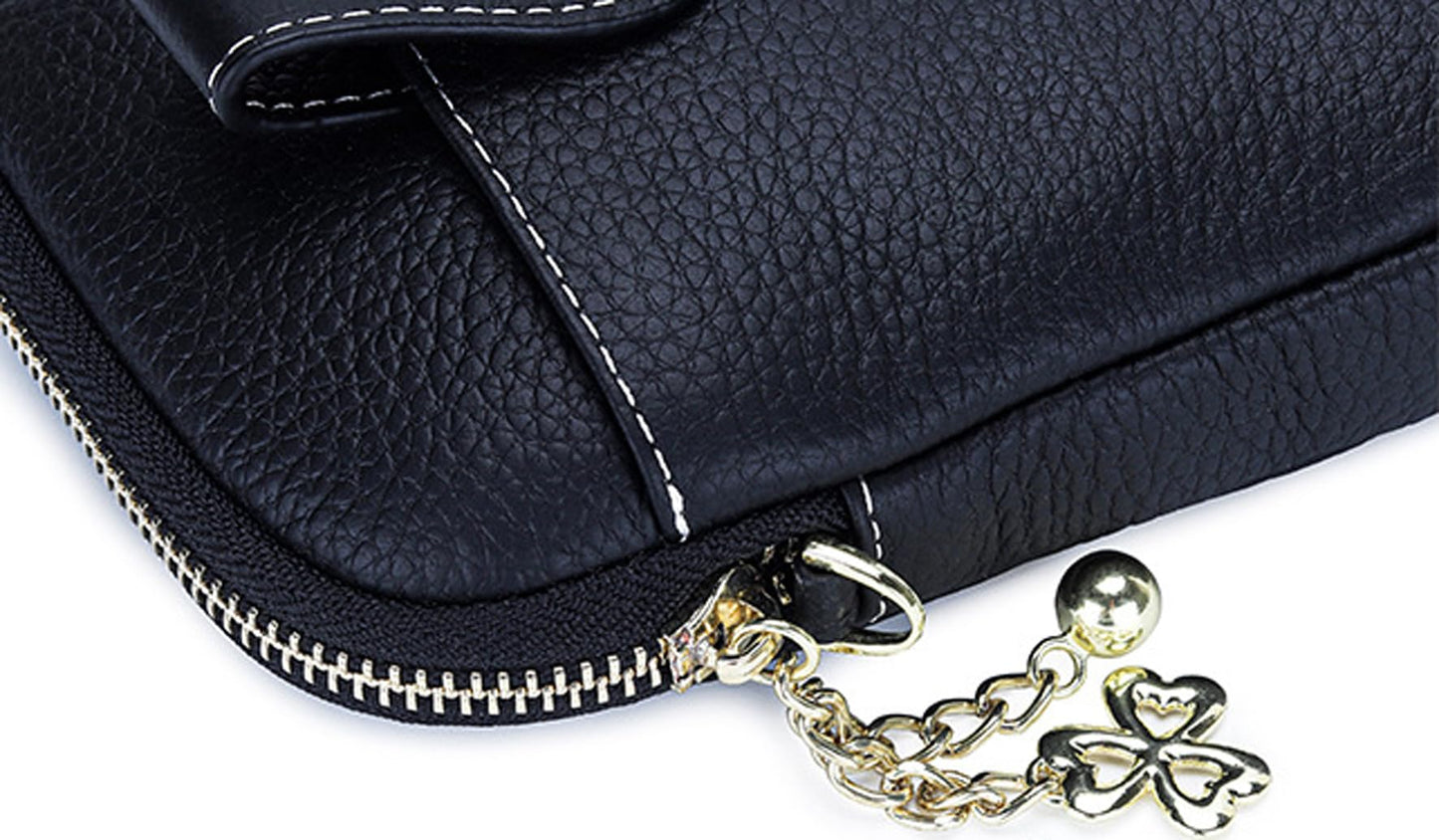 Genuine leather women's cross-body bag cowhide fashion mobile phone bag multi-functional and versatile zipper shoulder bag (Black)