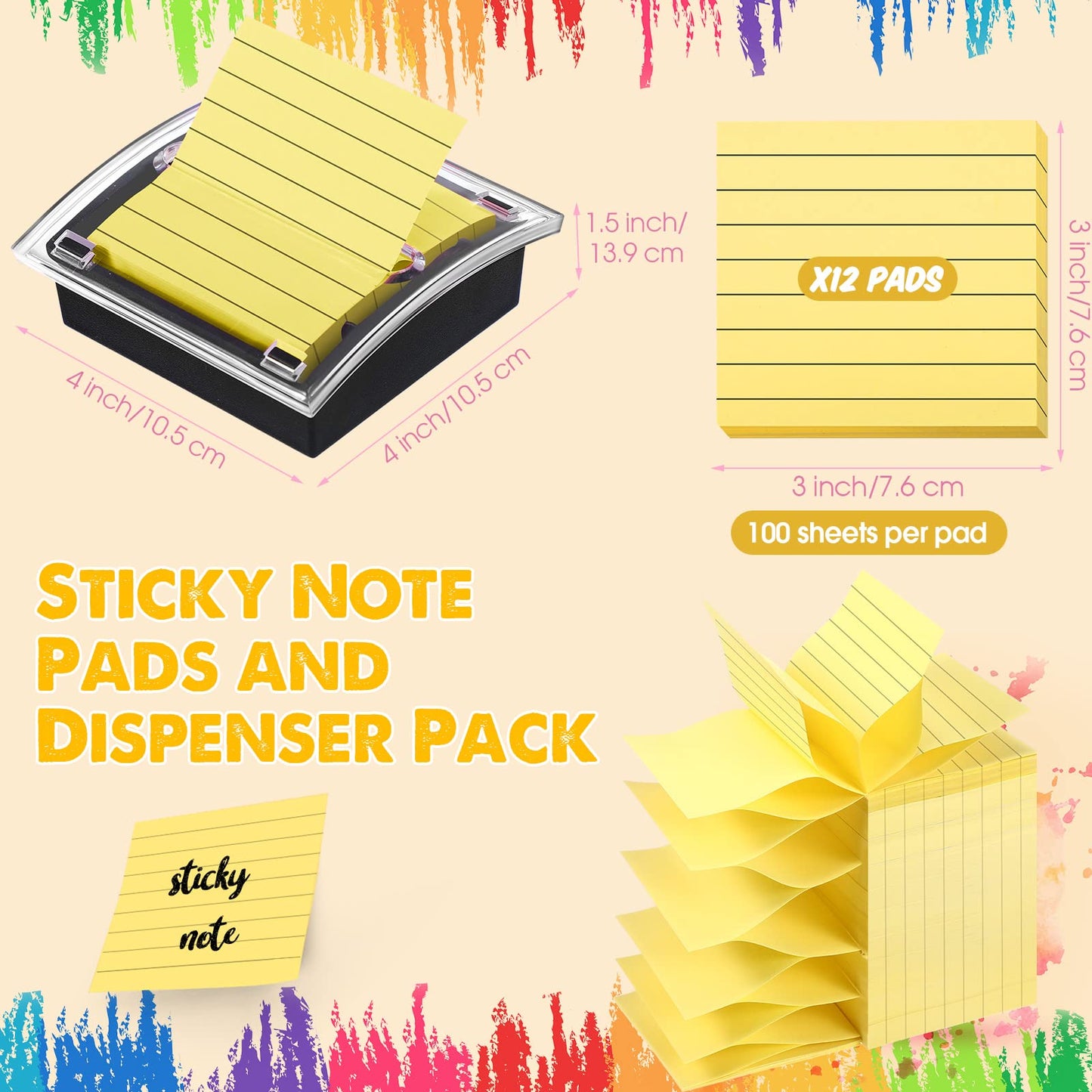 Thenshop 10 Pads Pop up Sticky Notes with 1 Pack Pop up Note Dispenser Note Holder Black Base Clear Top Self Stick Memo Ruled Adhesive Notes 3x3 Ruled Memo Pads Refills 100 Sheet/pad