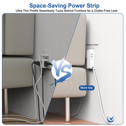Flat Plug Power Strip Surge Protector, 5ft Ultra Thin Extension Cord with 4 USB Wall Charger(2 USB C Port), 6 Widely-Spaced Outlets Power Strip Compact for Travel, Office, Dorm Room Essentials (White)