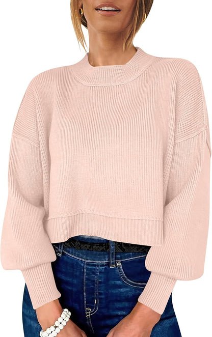 ANRABESS Womens Cropped Sweaters Oversized Crewneck Long Batwing Sleeve Side Slit Ribbed Knit Pullover Tops 2025 Fall Clothes