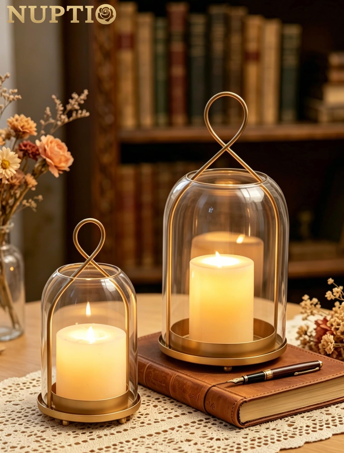 NUPTIO Glass Lanterns Decorative Outdoor: Gold Hurricane Candle Holders for Pillar Candles - Set of 2 Hanging Lantern for Home Thanksgiving Christmas Party Centerpiece