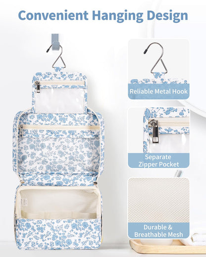 Narwey Small Hanging Travel Toiletry Bag for Women, Travel Bag for Toiletries, Floral Makeup Bag Organizer Cute Cosmetic Bags Make Up Bags for Girls (Little Blue Flower)