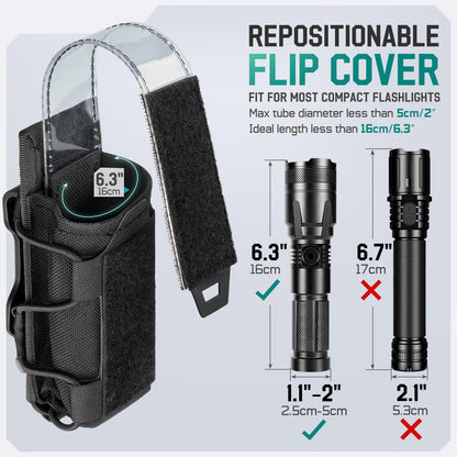 LIVANS Flashlight Holster for Duty Belt,Tactical Flashlight Holder Pouch,Nylon Torch Carry Case Sheath for Police Vest Security Correction Officer Outdoor Camping Accessories,with PVC Transparent Flap