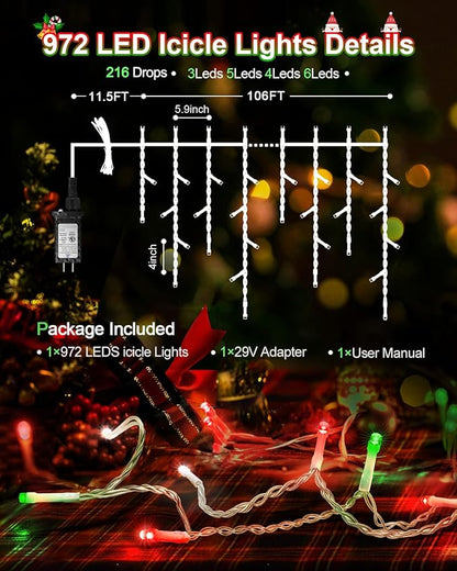 106 FT Christmas Lights Outdoor, 972 LED Waterproof Outside Christmas Lights Plug in, Connectable 8 Modes Hanging Fairy Lights with 216 Drops for House Eaves Yard Patio Decoration,Red Green and White