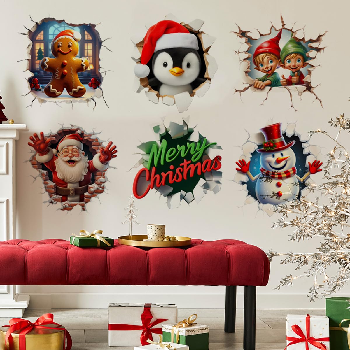 3D Christmas Decals Christmas Santa Claus Gingerbread Man Snowman Wall Stickers Removable Wall Decals Art Decor for Xmas Holiday Party Supplies Home Wall Decor