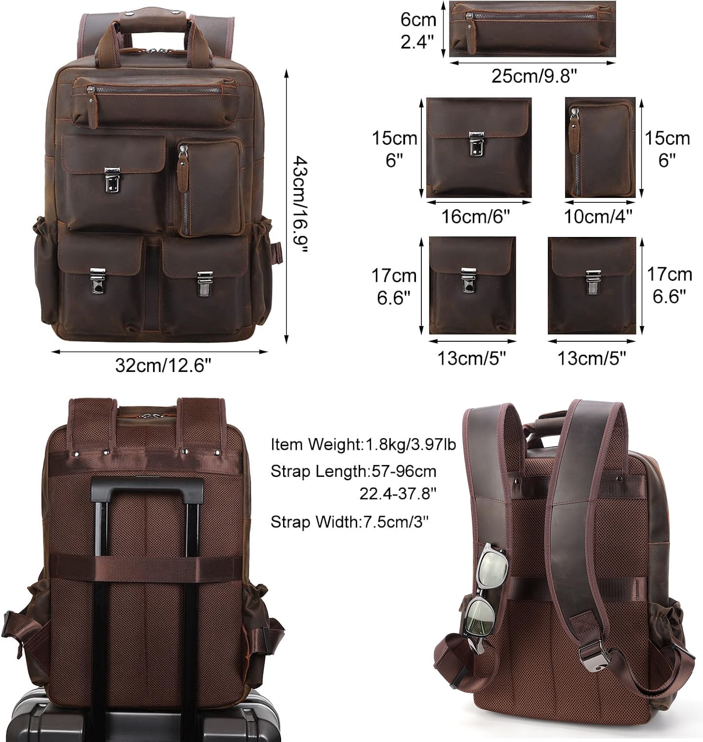 Masa Kawa Leather Backpack for Men Vintage 15.6 Inch Laptop Bag Multi Pockets Casual Work Travel Camping Daypack (deep brown)