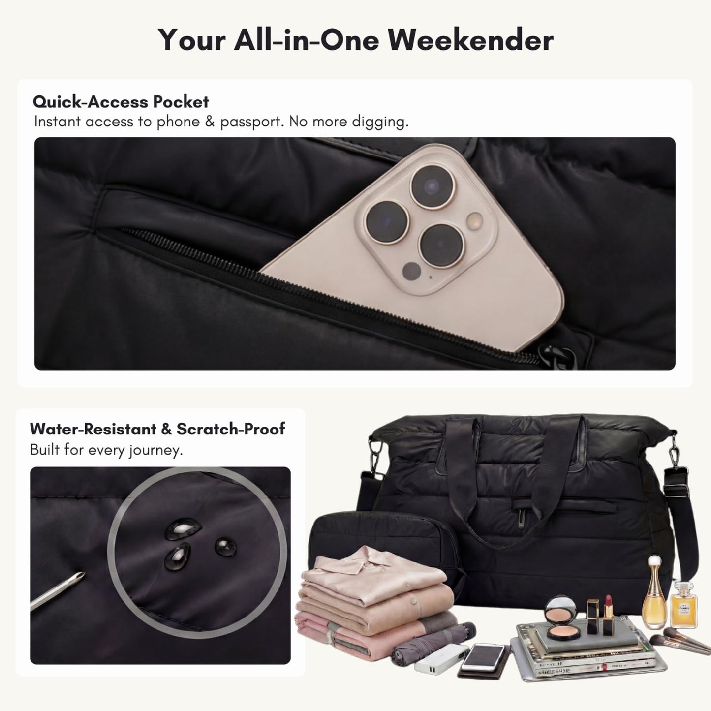 Puffer Weekender Bag for Women, Quilted Duffle Bag with Pouch, Water-Resistant Gym Bag, Large Tote Travel Bag for Hospital Nurse Diaper Bag, Lightweight Carry on Bag, Black