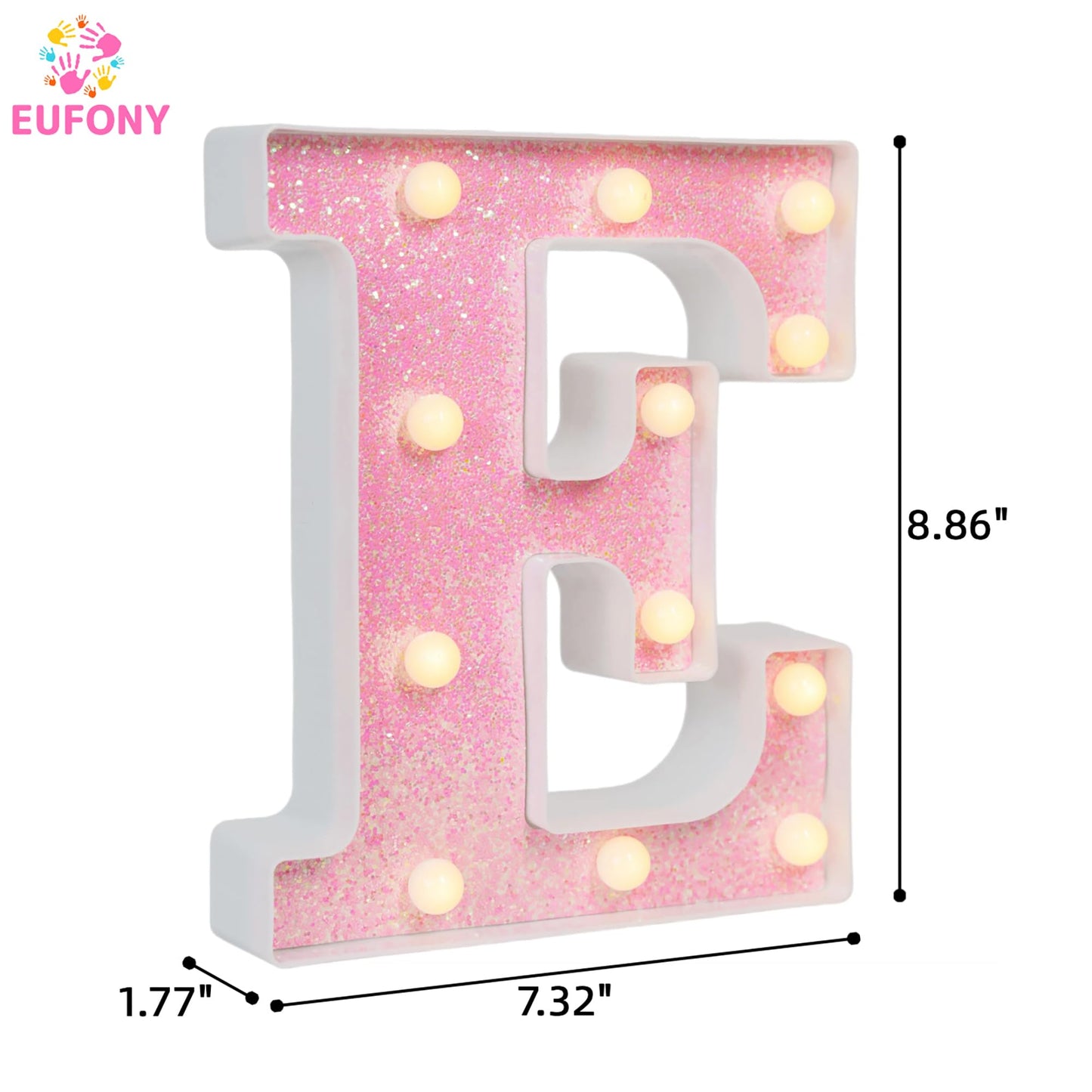 EUFONY Pink Glitter Marquee Light Up Letters, Battery Operated LED Letter Lights Signs for Pink Birthday Party Table Decorations, Wall Decor for Girls Bedroom, Initial Letter E with Warm White Lights