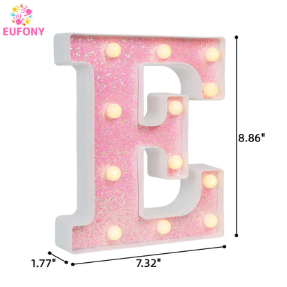 EUFONY Pink Glitter Marquee Light Up Letters, Battery Operated LED Letter Lights Signs for Pink Birthday Party Table Decorations, Wall Decor for Girls Bedroom, Initial Letter E with Warm White Lights