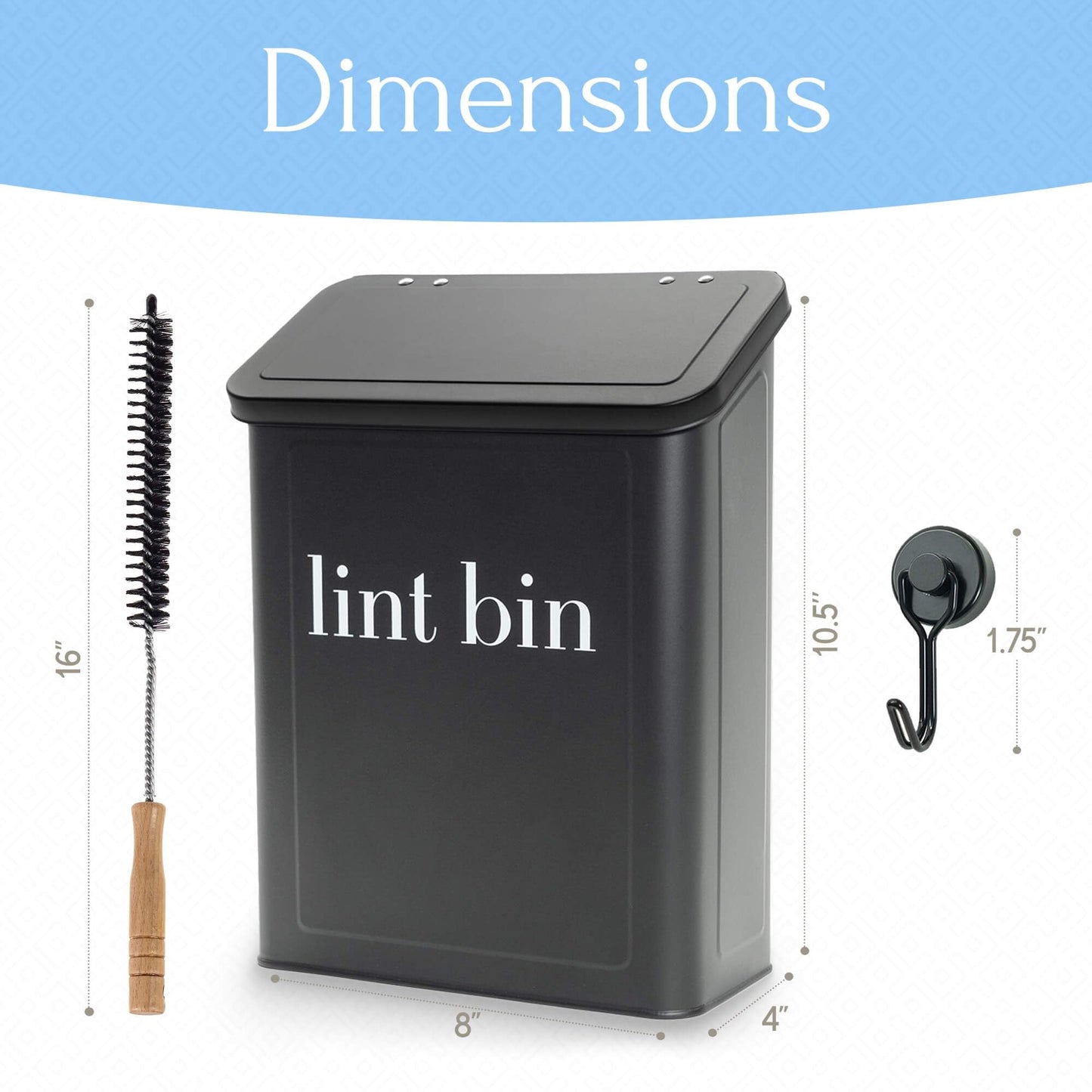The Moda Collection Magnetic Laundry Lint Bin for Dryer | Wall-Mounted Small Trash Can for Laundry Room | Includes Magnetic Hook & Lint Brush | Space-Saving Magnetic Laundry Trash Can | Matte Black