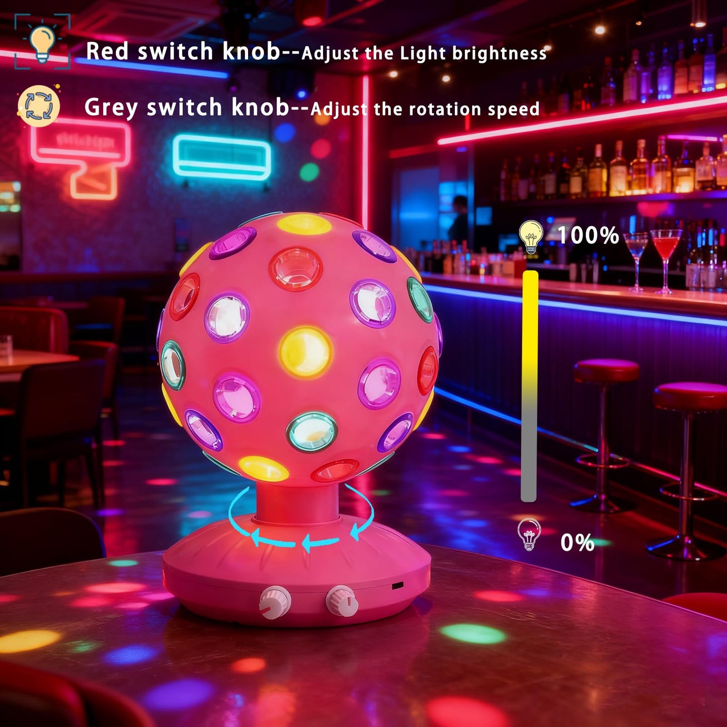 Spinning Disco Ball LED Night Light Projector 360° Rotary Speed/Brightness Adjustable Lamp for Parties, Lighting, Halloween, Christmas, Birthday, Holiday, Club, Bar (USB/Battery Operation) (Pink)