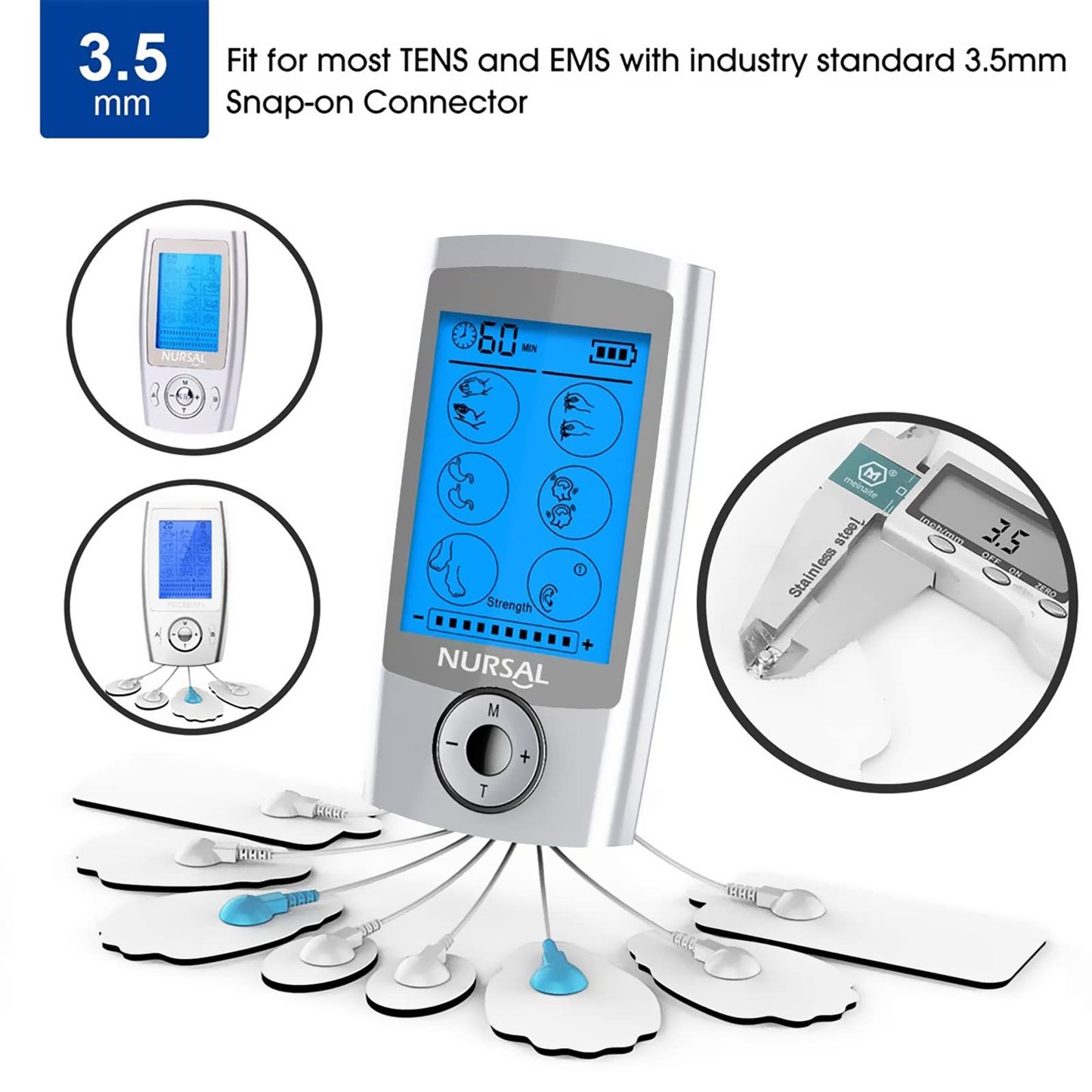 TENS/EMS Unit Replacement Pads NURSAL 20 Pack 3.5mm Snap Electrode Patches for Electrotherapy, Reusable Self-Adhesive Electrodes Pads, Compatible with Belifu, AVCOO, Neocarbon, MEDVICE TENS White