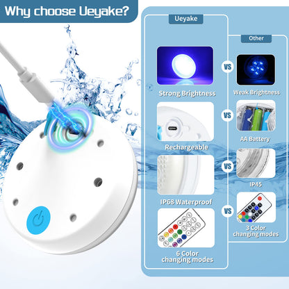 Ueyake Rechargeable Submersible Led Lights, Pool Lights with Remote, IP68 Full Waterproof Underwater Lights Built-in Magnet 16 Color Changing Floating Lights for Bathtubs, Ponds(4 Pack)