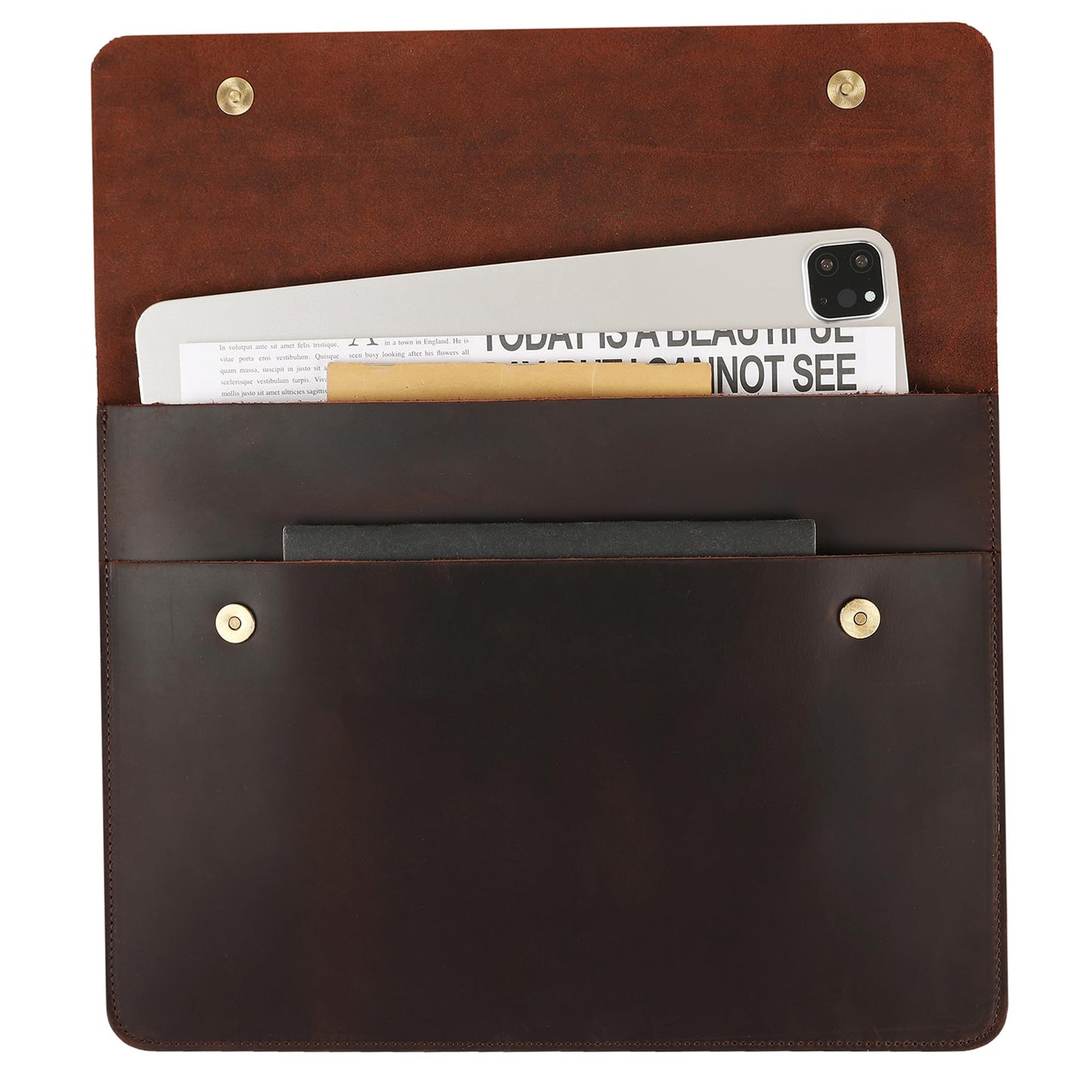 Leather Tablet Sleeve - 12.9/13 Inch iPad Pro Sleeve, Document Holder Folio File Holder, Genuine Leather iPad Case for Protection and Style-Dark Brown