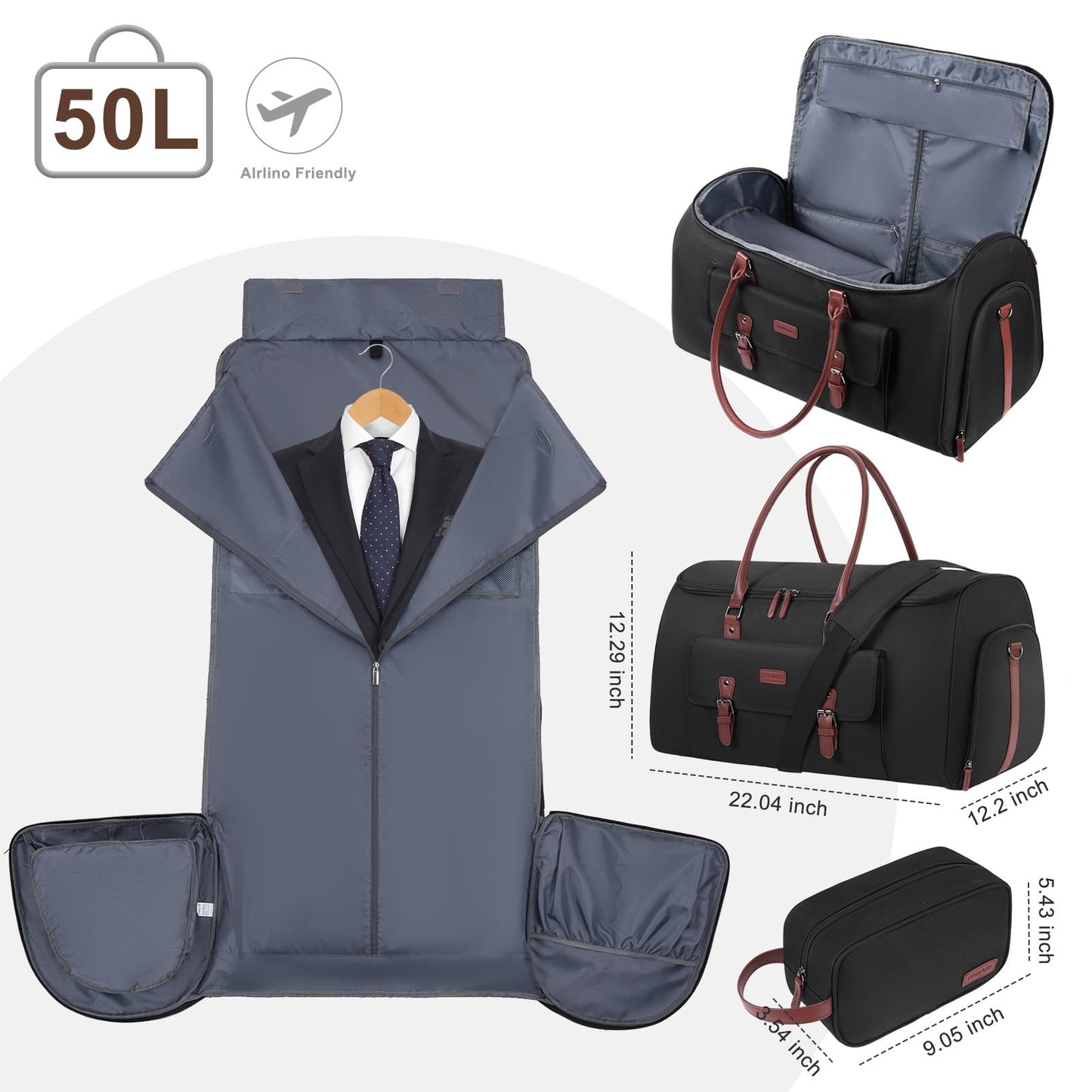 MOSISO Garment Bags for Travel, 50L Carry On Garment Duffle Bag Suit Bags for Men Women Hanging Clothes, 2 in 1 Hanging Suitcase Suit Travel Bags with Toiletry Luggage&Adjustable Shoulder Strap,Black