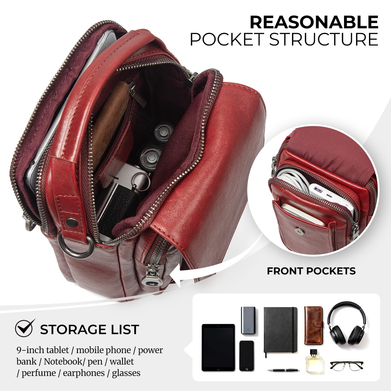 Augus Leather Small Messenger Bag For Men Crossbody Handbag Shoulder Sling Travel Bags for Men Purse Daypack Magnetic Buckle (burgundy)