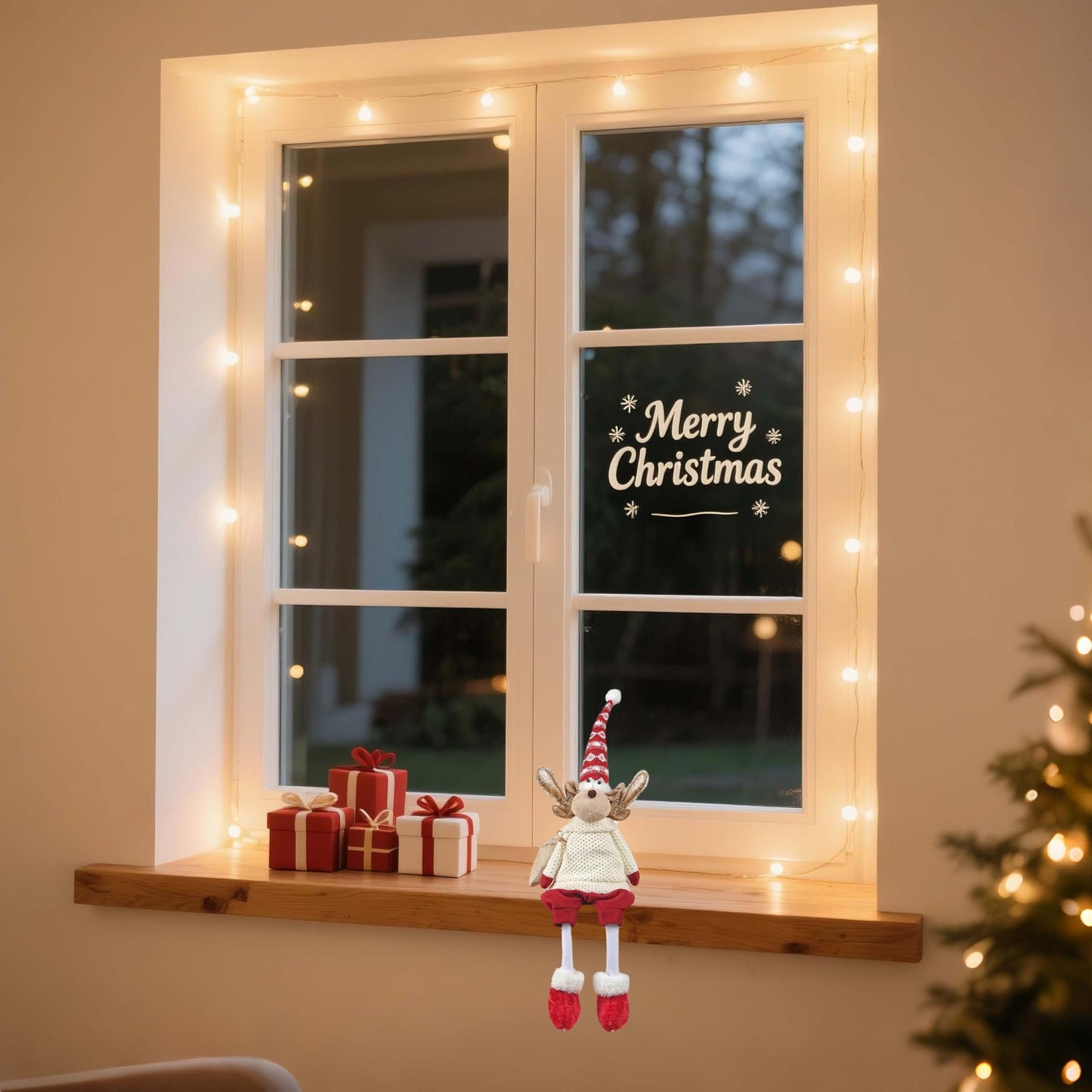 Dedrian11 Christmas Sitting Reindeer Shelf Sitter Decor, 24 Inch Plush Figurine with Dangling Legs, Poseable Arms, Weighted Bottom, Mantel Fireplace/Tabletop Holiday Decoration, Indoor
