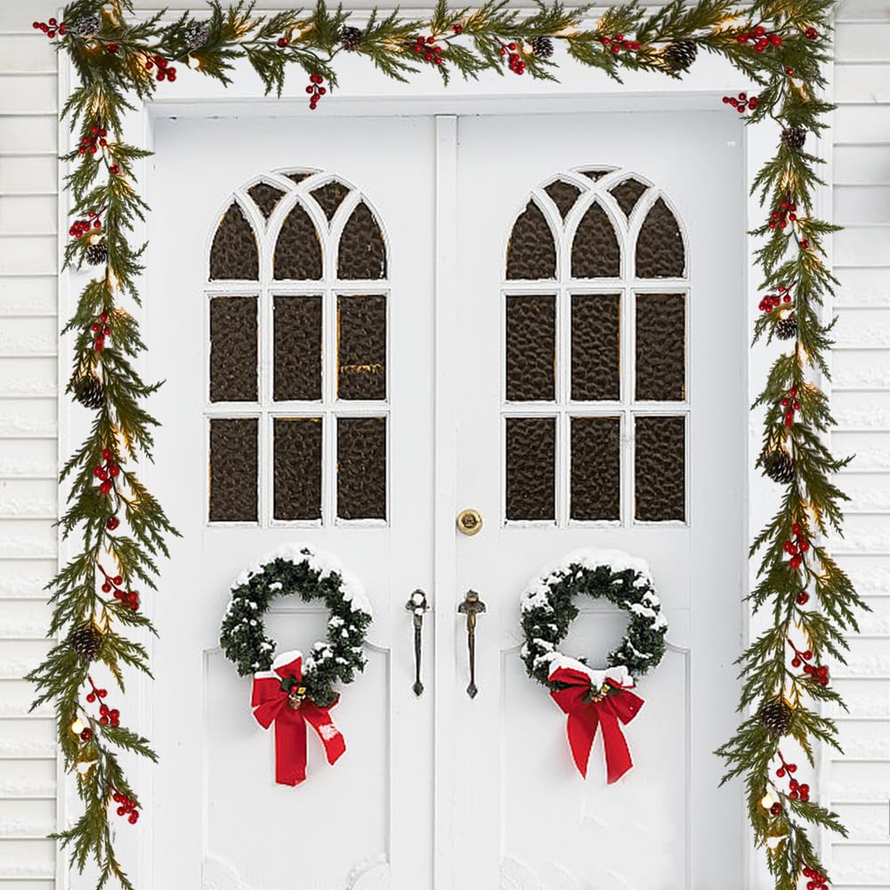 Christmas Garland 6FT 20 LED Bulbs Cypress Pine Garland with Lights Battery Operated with Timer Bells Red Berries Pinecones Green Garlands Decoration for Xmas Holiday Thanksgiving New Year Home Decor