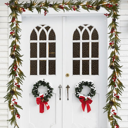 Christmas Garland 12FT 40 LED Bulbs Cypress Pine Garland with Lights Battery Operated with Bells Red Berries Pinecones Green Garlands Decoration for Xmas Holiday Thanksgiving New Year Home Decor