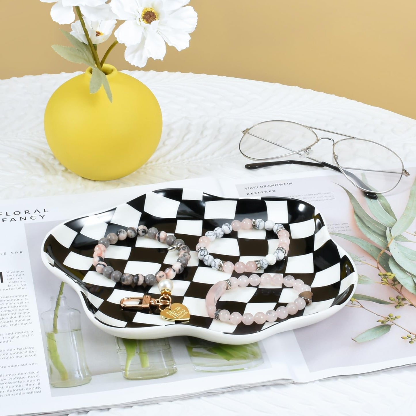 Koythin Jewelry Tray, Ceramic Jewelry Dish Trinket Tray Organizer, Checkered Pattern Aesthetic Decorative for Kitchen, Bathroom (Black and White Checkerboard)