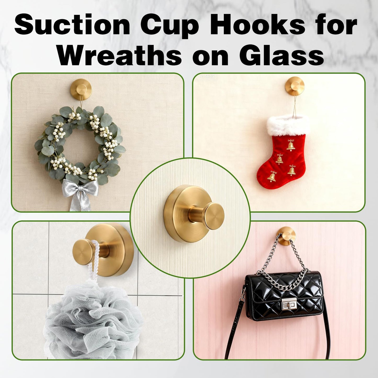 Suction Cup Hooks for Wreaths on Glass, No-Drill Suction Cup Hooks, Wreath Hangers for Front Doors, Reusable Metal Towel Hooks for Showers Bathrooms Mirrors (Gold*4)
