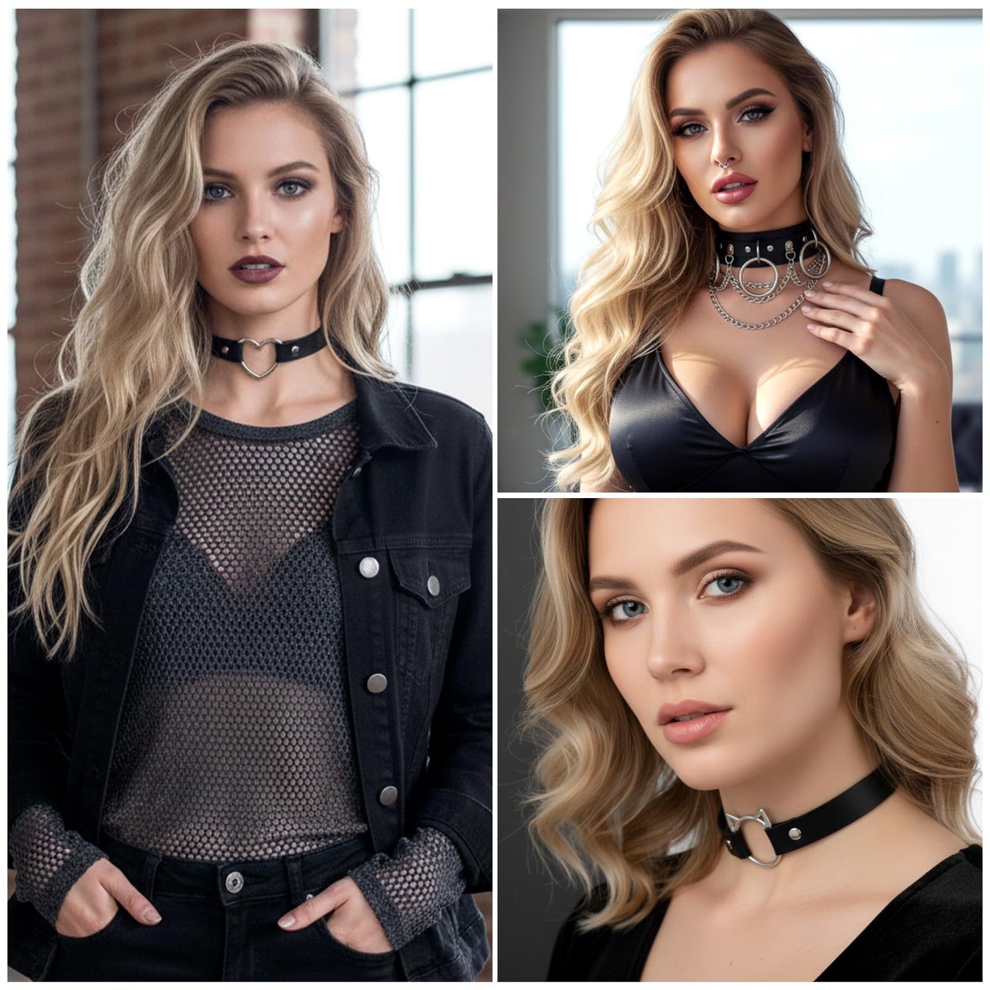 Afcabakila Black Punk Goth Choker Necklace & Spiked Studded Bracelets Set, 9 Adjustable PU Leather Collars & 6 Rivet Spiked Cuffs, Gothic Rock Metal Wristband for Daily Wear Cosplay Festival