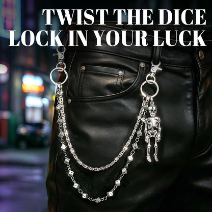 Skull Wallet Chain with 3D Dice Links for Men Women - 2 Layer Punk Pants Chain with Gothic Metal Ornament, Heavy Duty Biker Jean Chain Grunge Belt Loop Accessories for Eboy Egirl Streetwear(Silver)