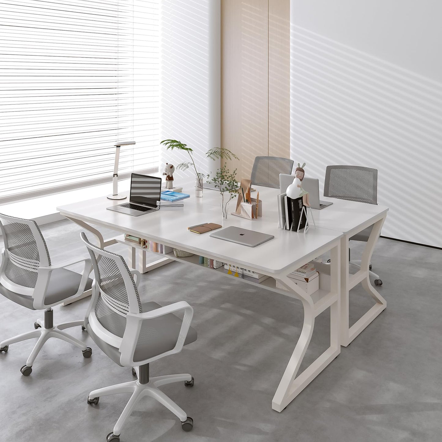 OSCHF Extra Long Desk with Bookshelf - 63" Double Long Writing Table for 2-Person Workstation, Modern Study Work Computer Desk for Home and Office, Warm White