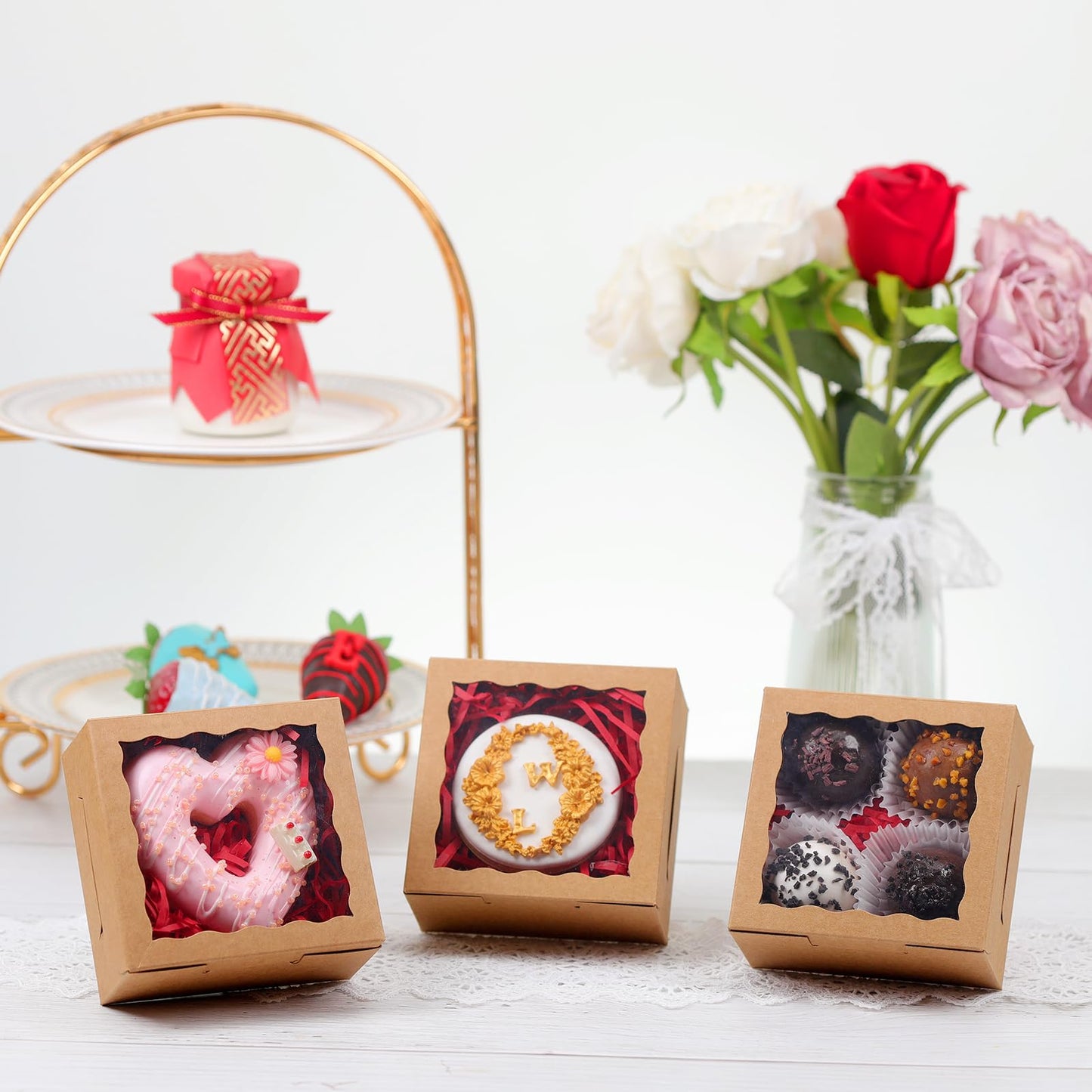 JCXGRVC 50 Pack Cookie Boxes with Window 4x4x2 Inch,Bakery Boxes, Chocolates Strawberries,Treat Boxes, Mini Cake Boxes, Pastry Dessert Boxes for Candy, Cupcakes- Brown Paper