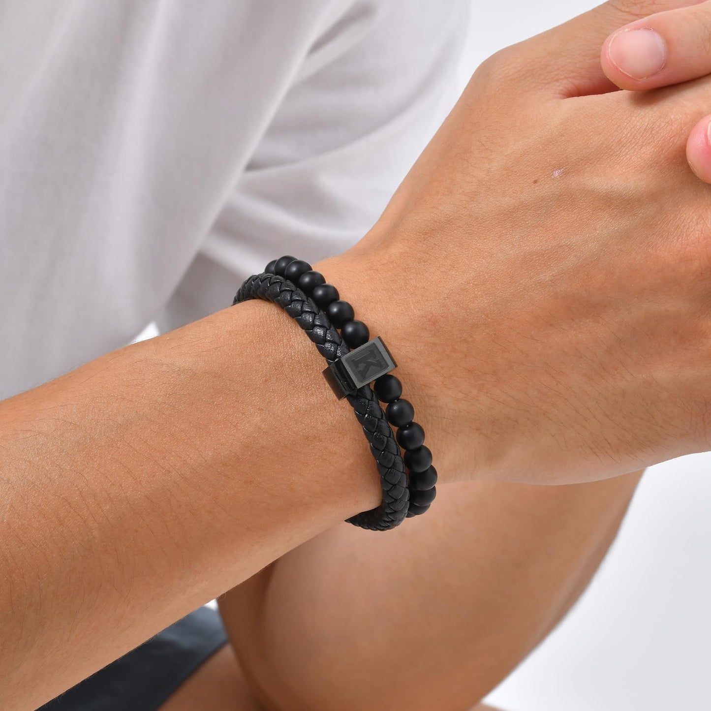 Initial Bracelet for Men Letter Handmade Natural Agate Stone Beaded Braided Black Leather Adjustable Cuff Meaningful Bracelets , Jewelry Gifts, Father's Day Gifts Matching Couple, 7.5-8.3 Inches